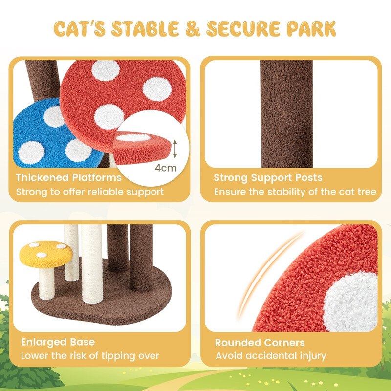 Klätterträd för katter i svampdesign med sisalstolpar och mjukt teddytyg, 5 nivåer