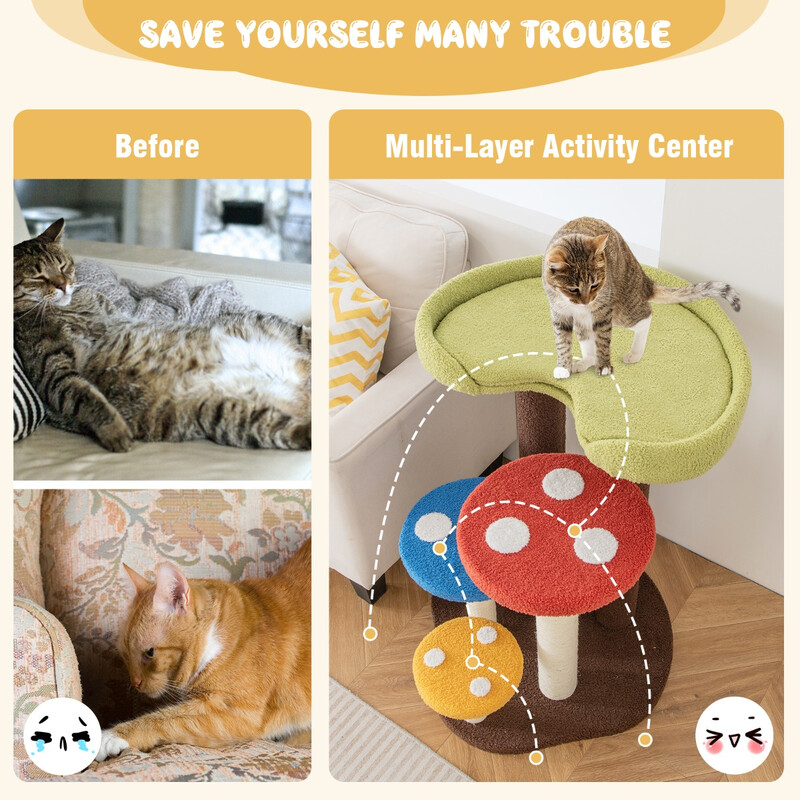 Klätterträd för katter i svampdesign med sisalstolpar och mjukt teddytyg, 5 nivåer