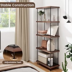 Industriell bokhylla med metallram och fem hyllplan i valnöt, 60 x 29,5 x 147 cm