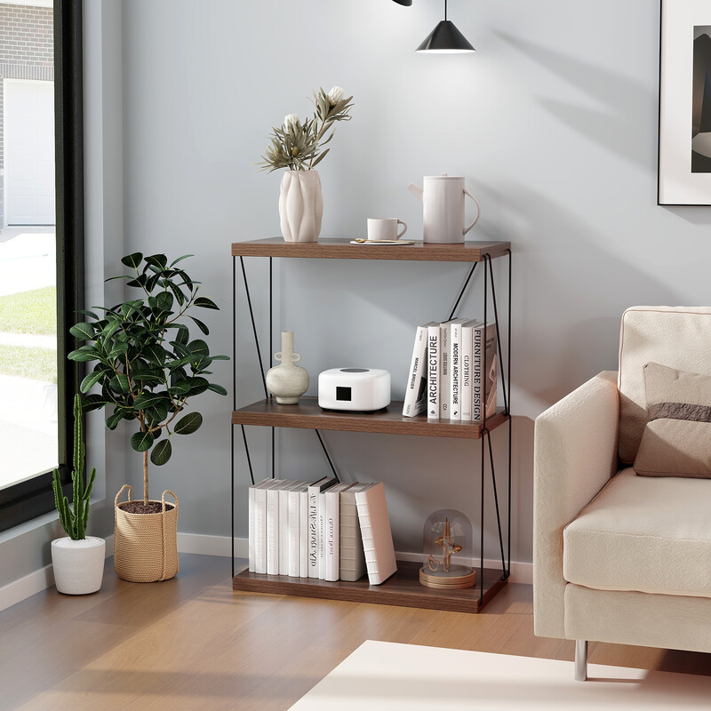 Industriell bokhylla med metallram och tre hyllplan i valnötsbrun färg