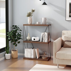 Industriell bokhylla med metallram och tre hyllplan i valnötsbrun färg