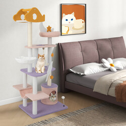 Klätterträd för katter med koja och lekområde i lila och rosa, 68 x 48 x 167 cm