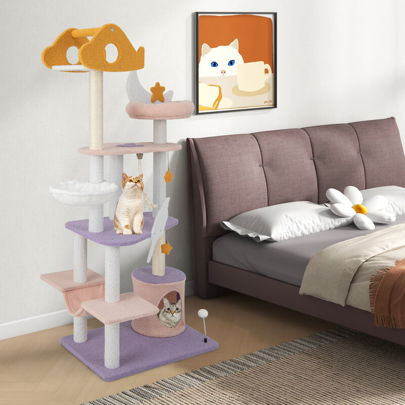 Klätterträd för katter med koja och lekområde i lila och rosa, 68 x 48 x 167 cm