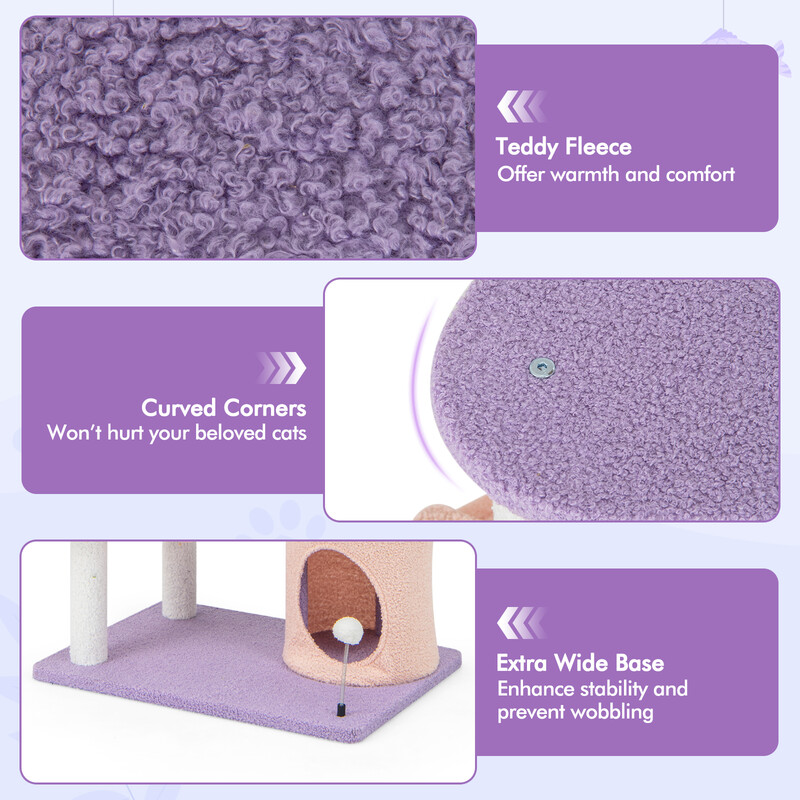 Klätterträd för katter med koja och lekområde i lila och rosa, 68 x 48 x 167 cm