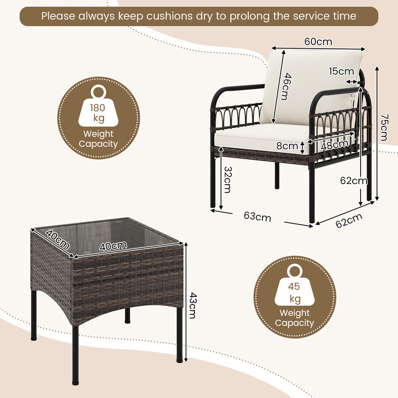 Rattanset för trädgård med glasbord och kuddar - hållbara utemöbler för balkong och terrass