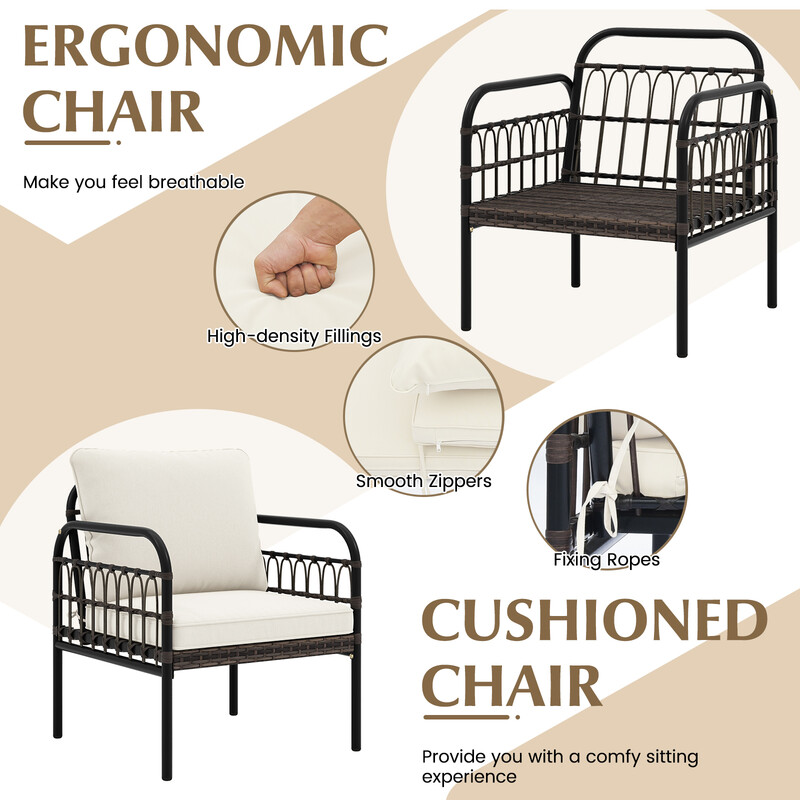 Rattanset för trädgård med glasbord och kuddar - hållbara utemöbler för balkong och terrass