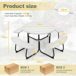 Picknickbord för 8 personer med parasollhål och 4 bänkar, 190 x 76 cm, grå