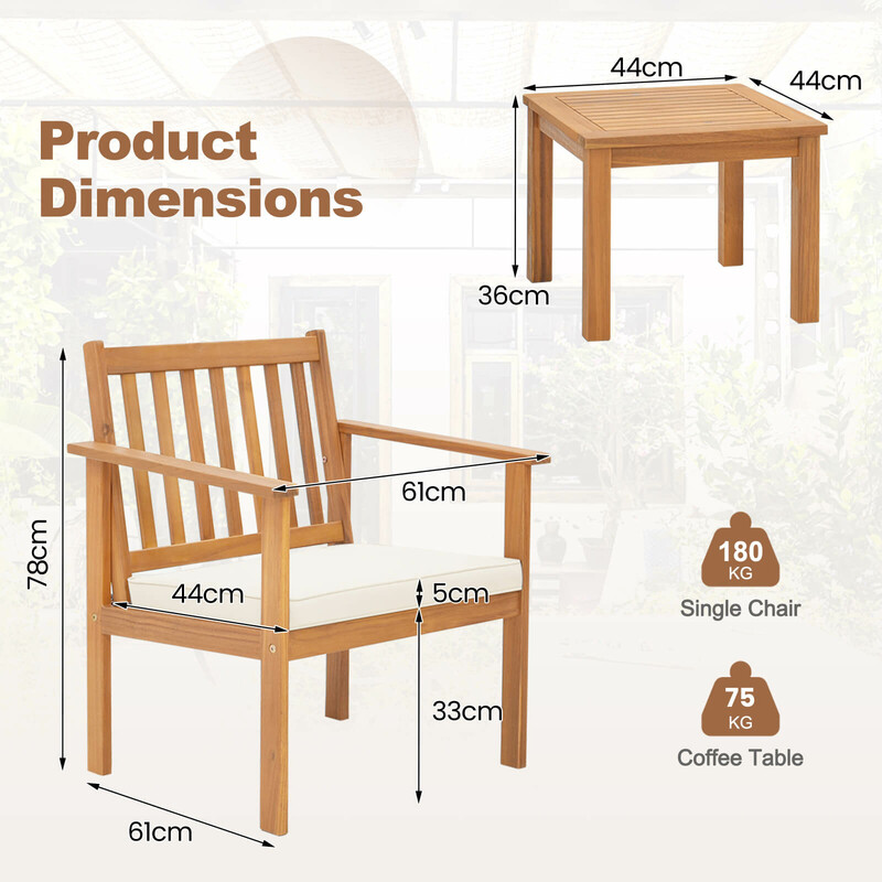 3-delat terrassmöbelset i akacieträ med 2 stolar och kaffebord