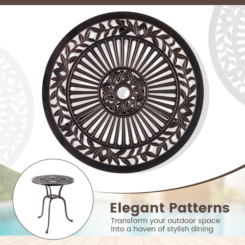 Balkongbord i gjuten aluminium med parasollhål, väderbeständig, 61x61x71 cm, bronsfärg