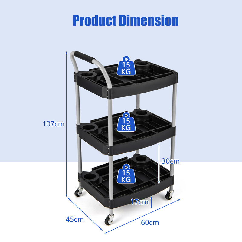 Verktygsvagn med tre nivåer och separata fack för effektiv förvaring och organisering