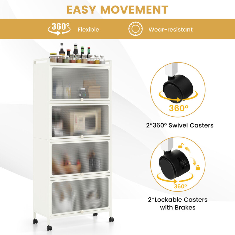 Köksförvaringshylla med hjul och svängdörrar, vit, 60 x 32 x 154 cm