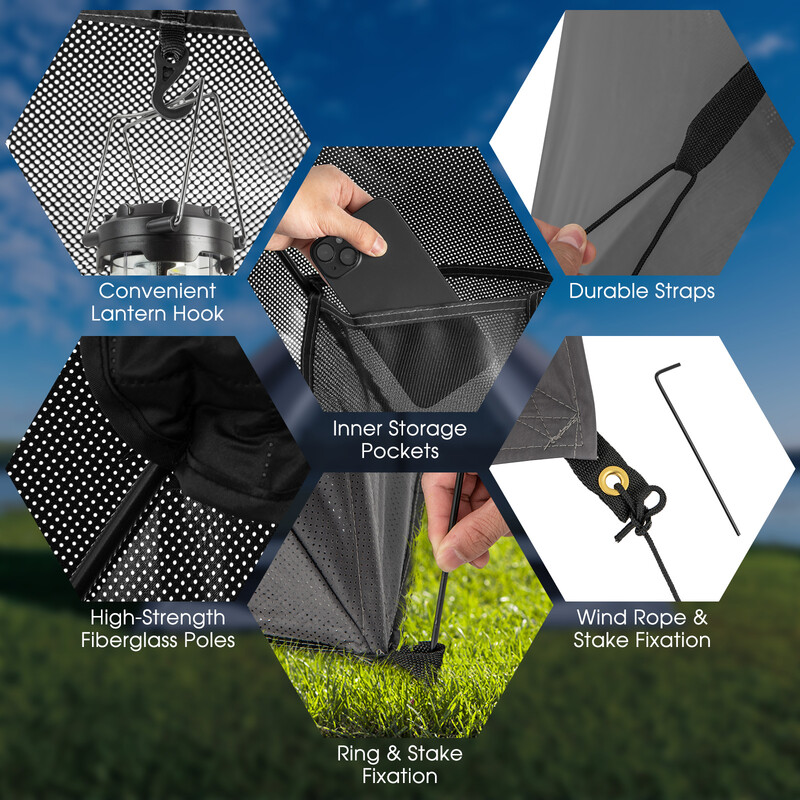 Pop up-tält för 2-3 personer med 360° genomskinlig design, grå, 225 x 145 x 161 cm