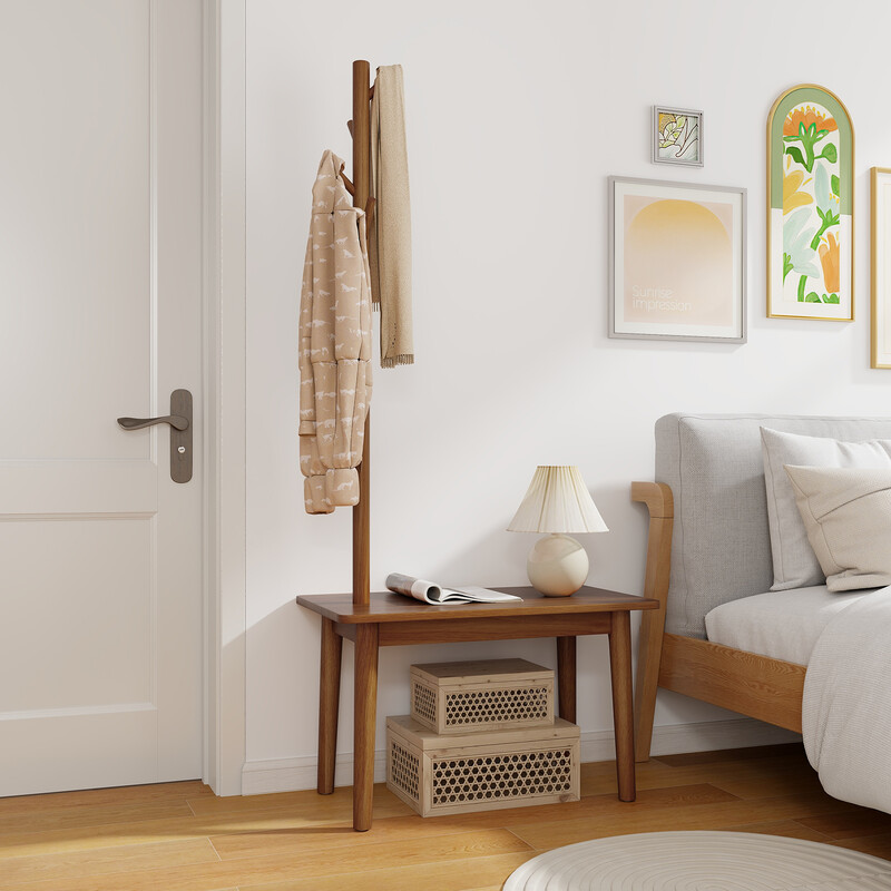 3 i 1 sidobord klädhängare skobänk i massivt trä 76x43x168 cm brun