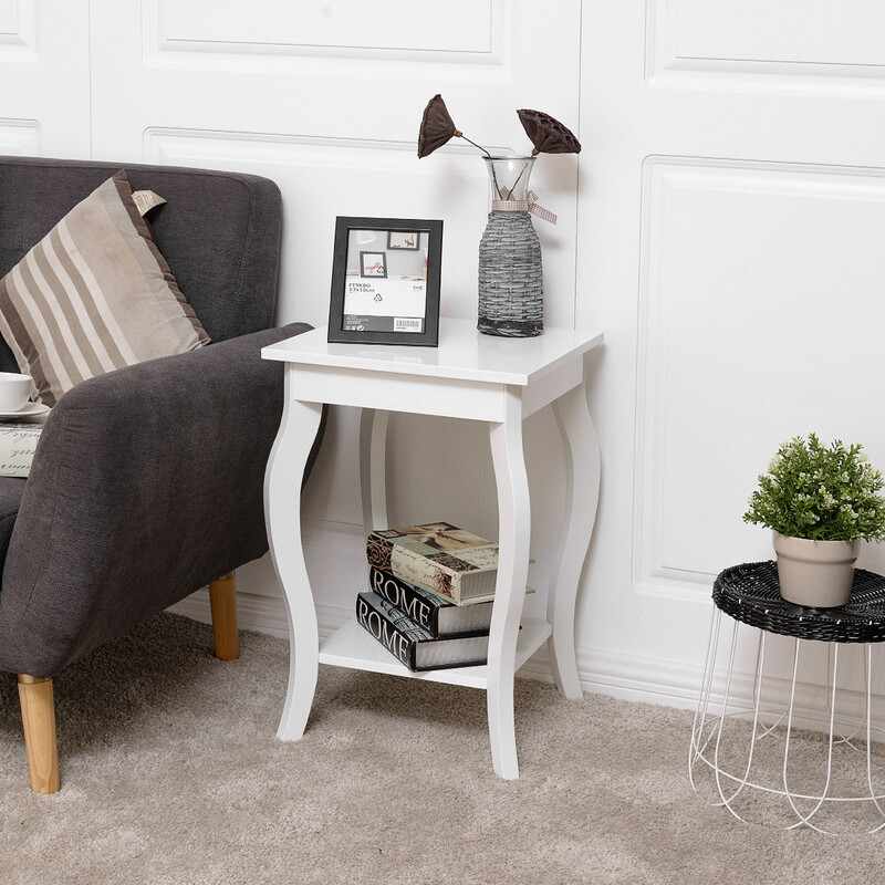 Sidobord med svängda ben och två hyllor för vardagsrum vit