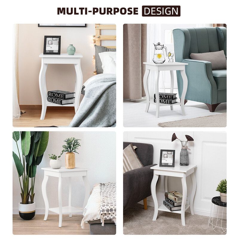 Sidobord med svängda ben och två hyllor för vardagsrum vit