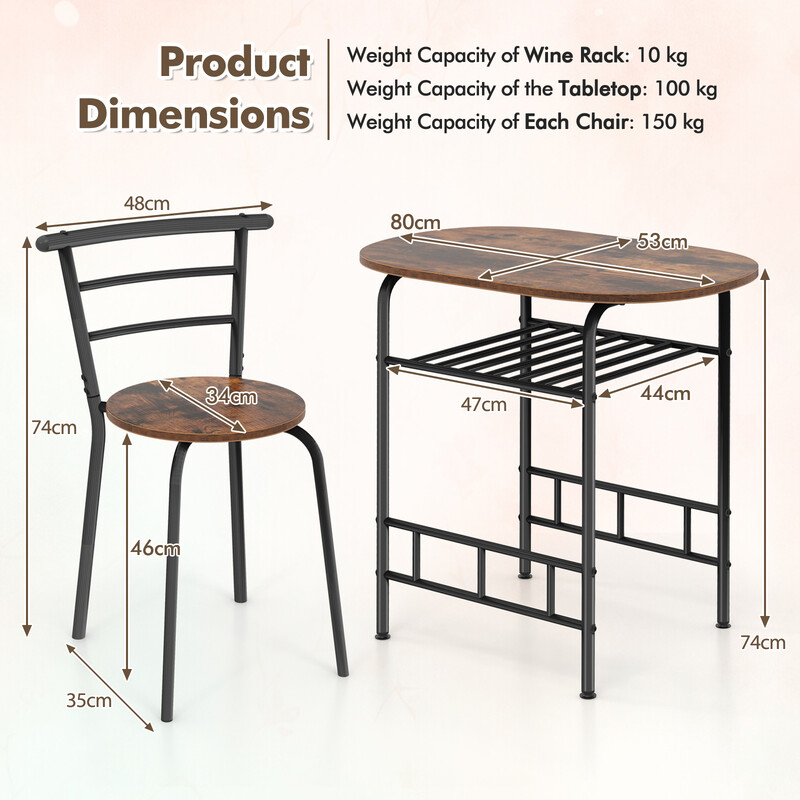 Matgrupp i vintagebrun med bord och 2 stolar för små utrymmen