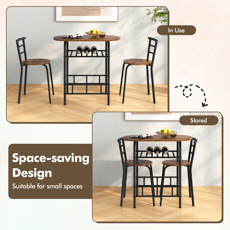 Matgrupp i vintagebrun med bord och 2 stolar för små utrymmen