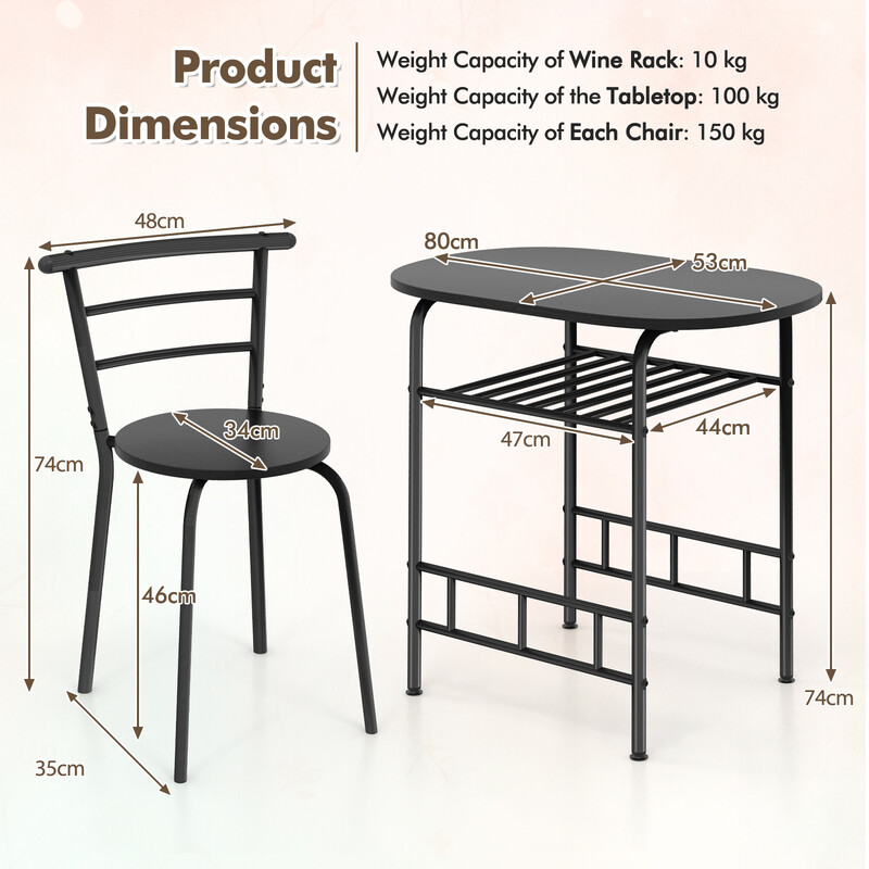 Matgrupp med bord och 2 stolar för små utrymmen, svart och brun