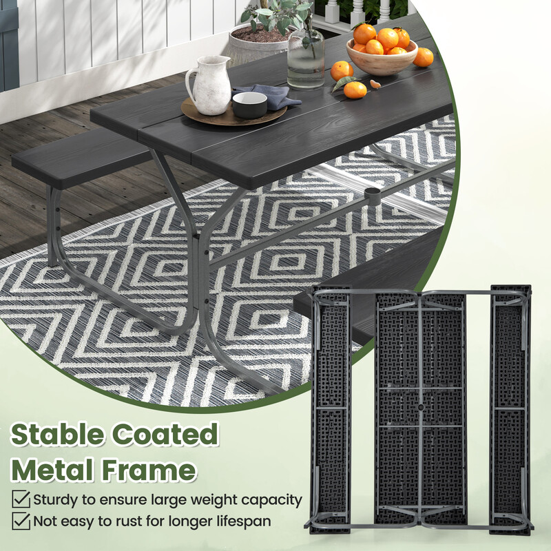 Svart picknickgrupp med väderbeständig hdpe-bordsskiva och parasollhål för utomhusbruk