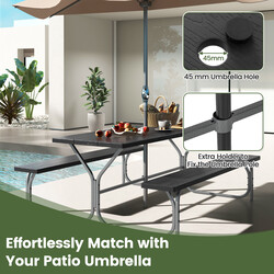 Svart picknickgrupp med väderbeständig hdpe-bordsskiva och parasollhål för utomhusbruk