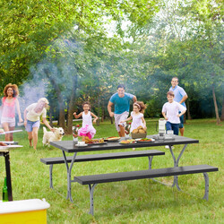 Svart picknickgrupp med väderbeständig hdpe-bordsskiva och parasollhål för utomhusbruk