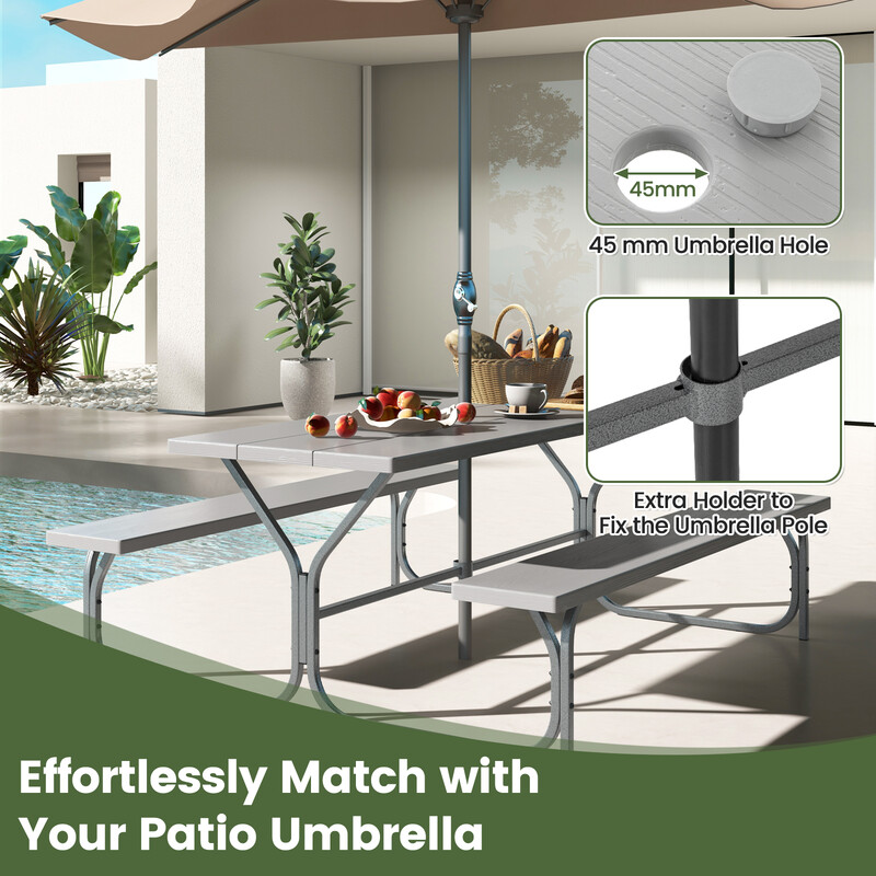 Picknickset med väderbeständig HDPE-bordsskiva och parasollhål, 183 cm, grå