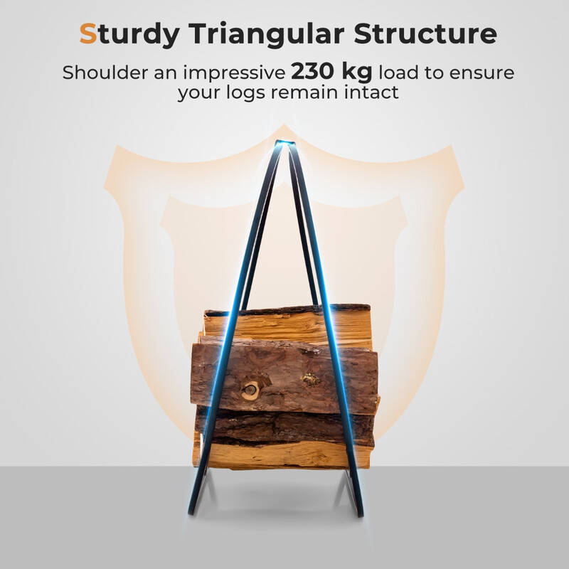 Kraftig och stilren vedhållare i metall med hög bärkapacitet för inomhus- och utomhusbruk