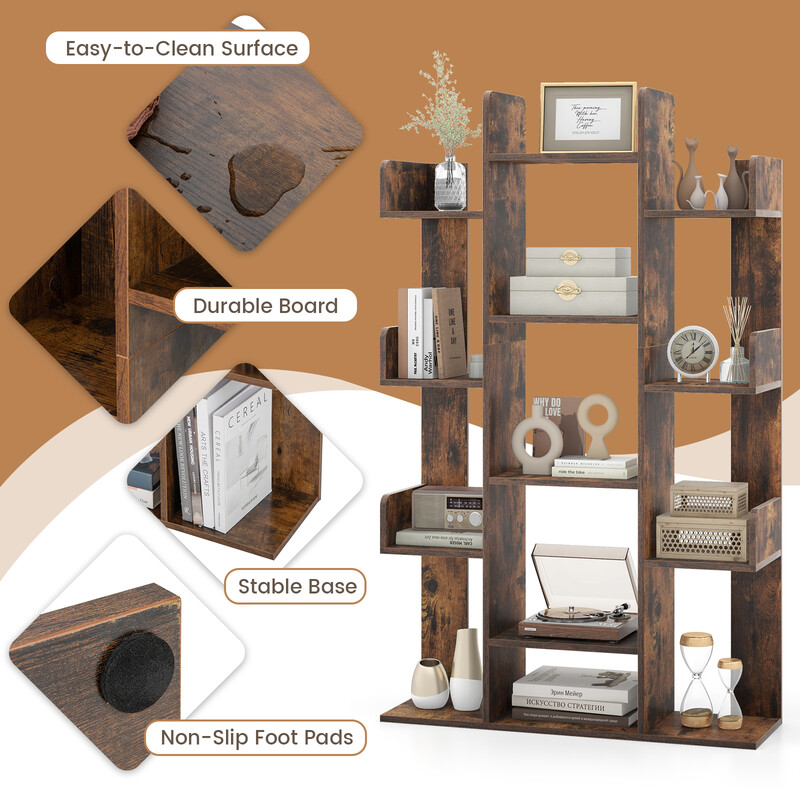 Trädformad bokhylla med 13 öppna fack i rustik brun träkomposit 86 x 24,5 x 141 cm