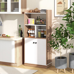 Bokhylla med dubbeldörrskåp och öppna fack, 3 nivåer, vit och naturlig