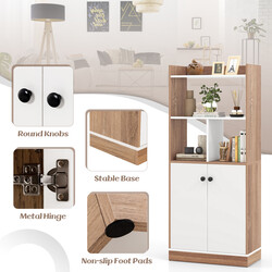 Bokhylla med dubbeldörrskåp och öppna fack, 3 nivåer, vit och naturlig