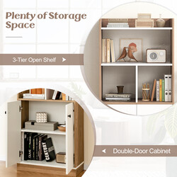 Bokhylla med dubbeldörrskåp och öppna fack, 3 nivåer, vit och naturlig