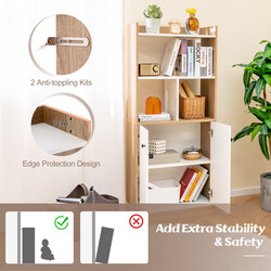 Bokhylla med dubbeldörrskåp och öppna fack, 3 nivåer, vit och naturlig