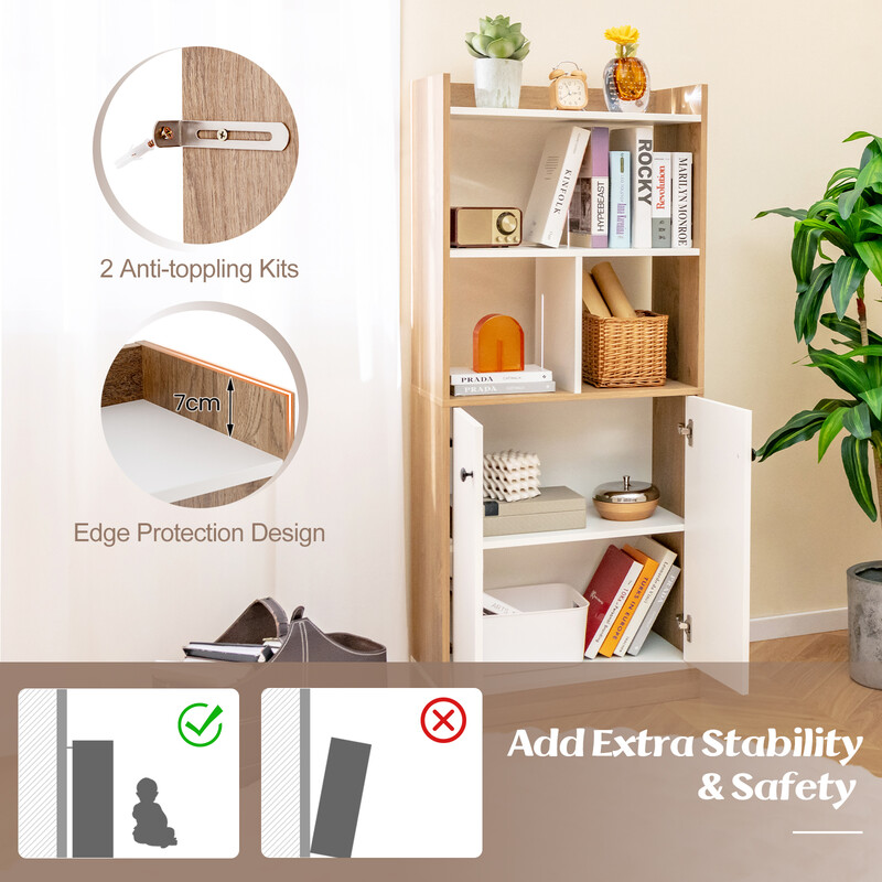 Bokhylla med dubbeldörrskåp och öppna fack, 3 nivåer, vit och naturlig