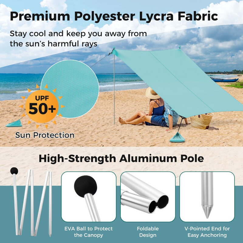 Turkost strandtält 300x300 cm med UPF 50+ och sandankare för solskydd