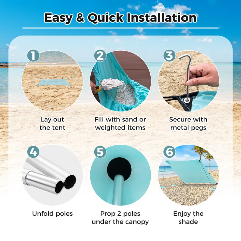 Turkost strandtält 300x300 cm med UPF 50+ och sandankare för solskydd