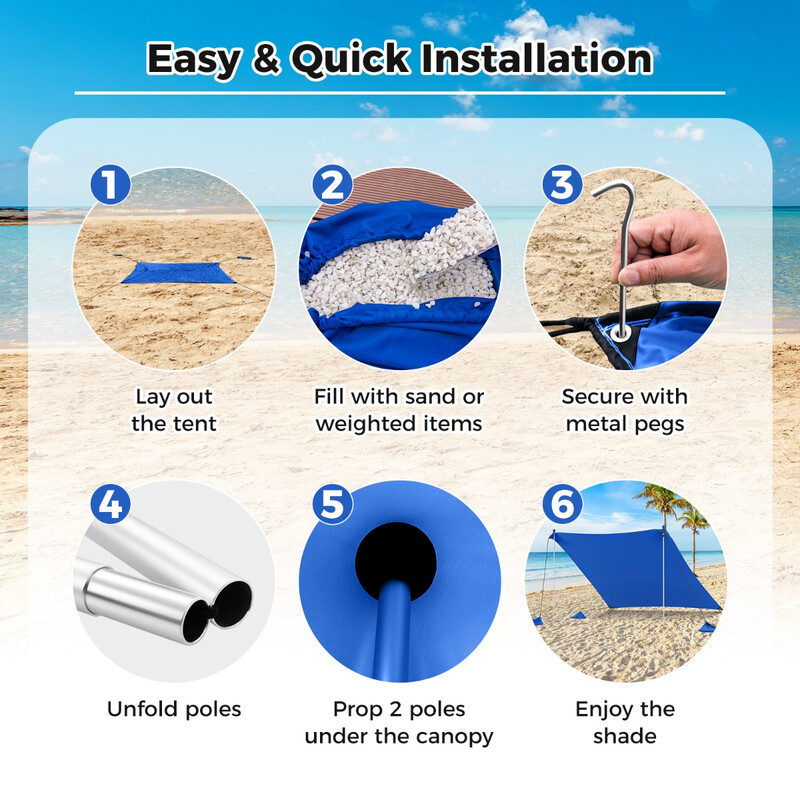 Strandpaviljong 300x300 cm UPF 50+ med sandankare och stödstänger, mörkblå