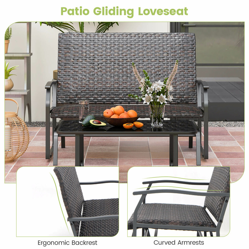 Gungstol i brun PE-rotting för trädgård och balkong med stabil metallram