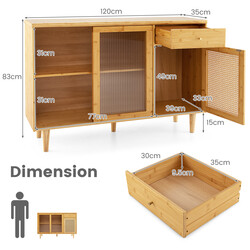 Modern bufféskåp med skjutdörrar i härdat glas och rotting för boho-stil