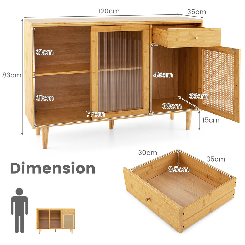 Modern bufféskåp med skjutdörrar i härdat glas och rotting för boho-stil