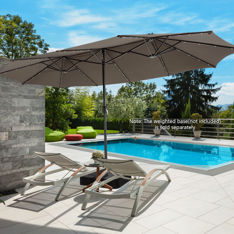 Dubbelt terrassparasoll 470 cm med 48 sol-LED-lampor och vev, brun