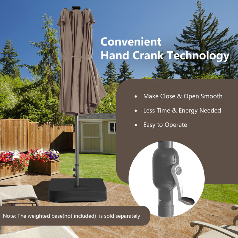 Dubbelt terrassparasoll 470 cm med 48 sol-LED-lampor och vev, brun