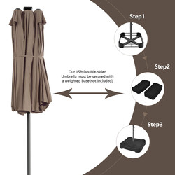 Dubbelt terrassparasoll 470 cm med 48 sol-LED-lampor och vev, brun