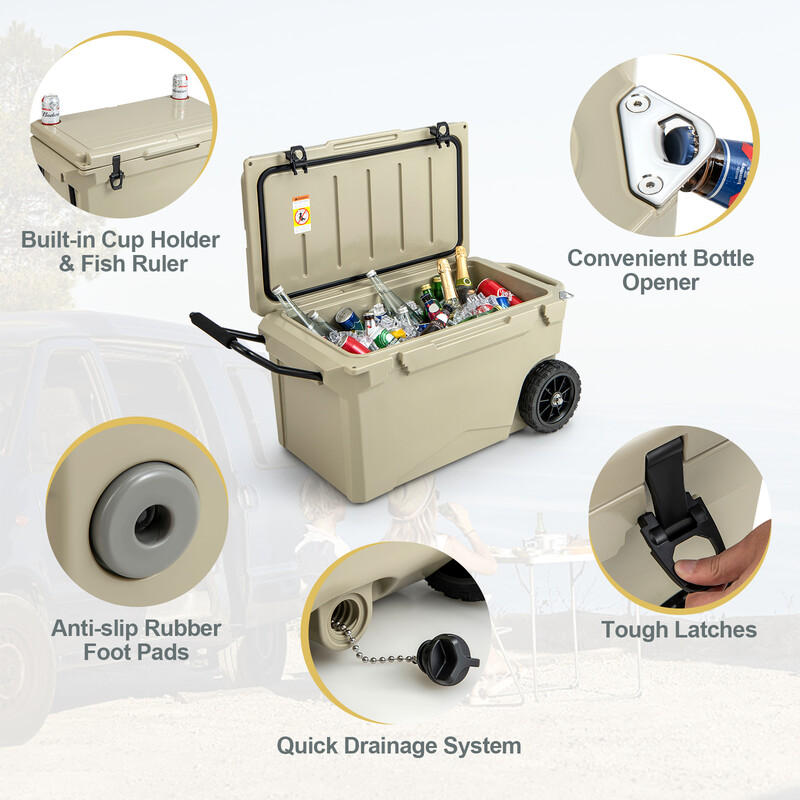 Isolerad kylbox 71L med hjul, flasköppnare och bärhandtag - khaki