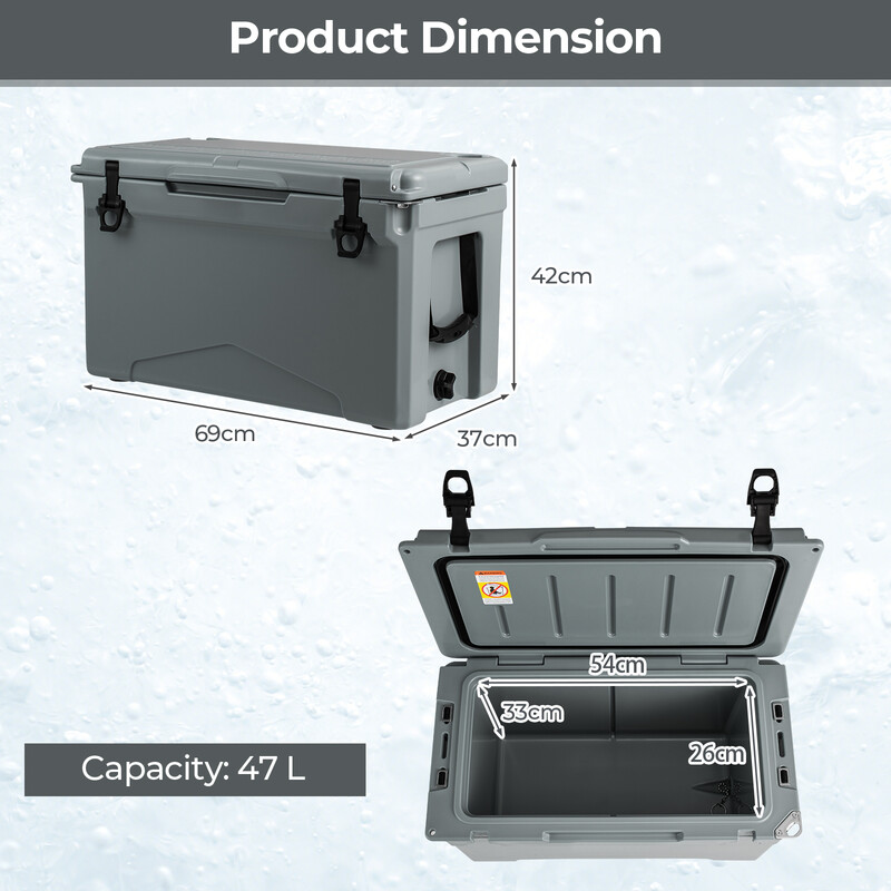 Bärbar isolerbox 47L med flasköppnare och dräneringssystem för camping och utomhusaktiviteter