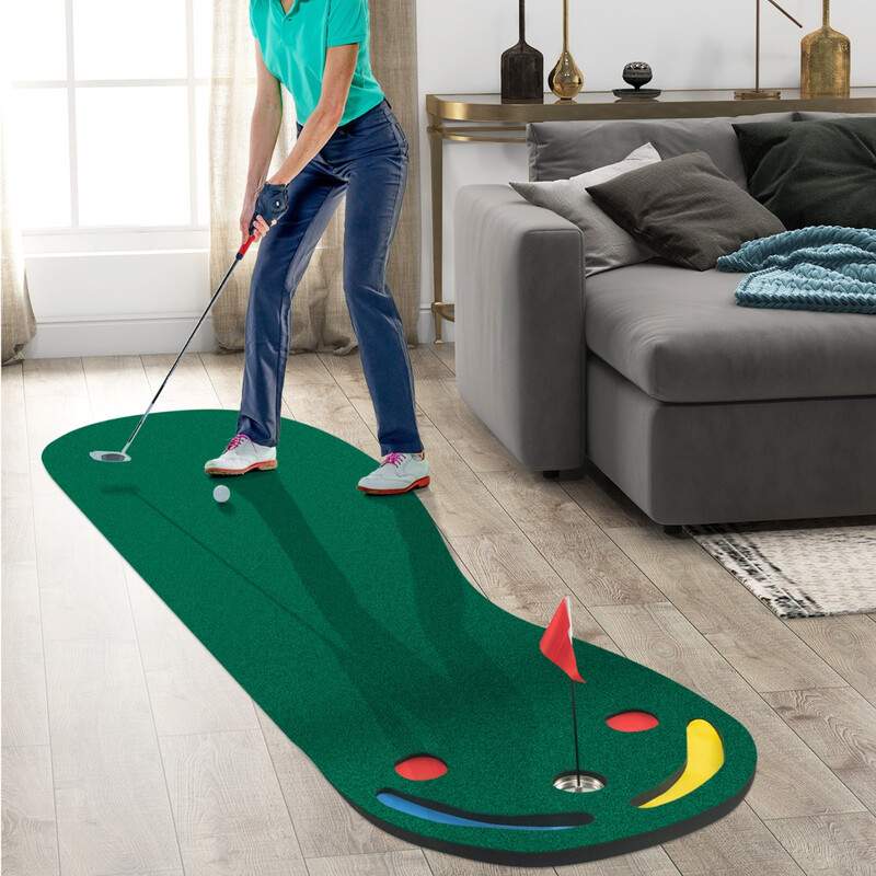 Golfputtmatta 300 x 96 cm med 3 hål och flagga för träning hemma