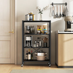 Vikbar förvaringshylla med hjul och justerbara hyllplan i rustikt brunt och svart