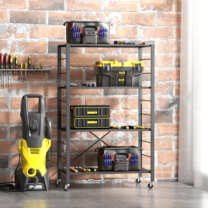 Vikbar förvaringshylla med hjul och justerbara hyllplan i rustikt brunt och svart