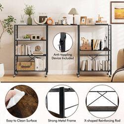 Vikbar förvaringshylla med hjul och justerbara hyllplan i rustikt brunt och svart