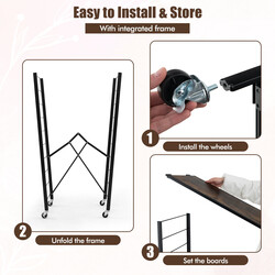 Vikbar förvaringshylla med hjul och justerbara hyllplan i rustikt brunt och svart