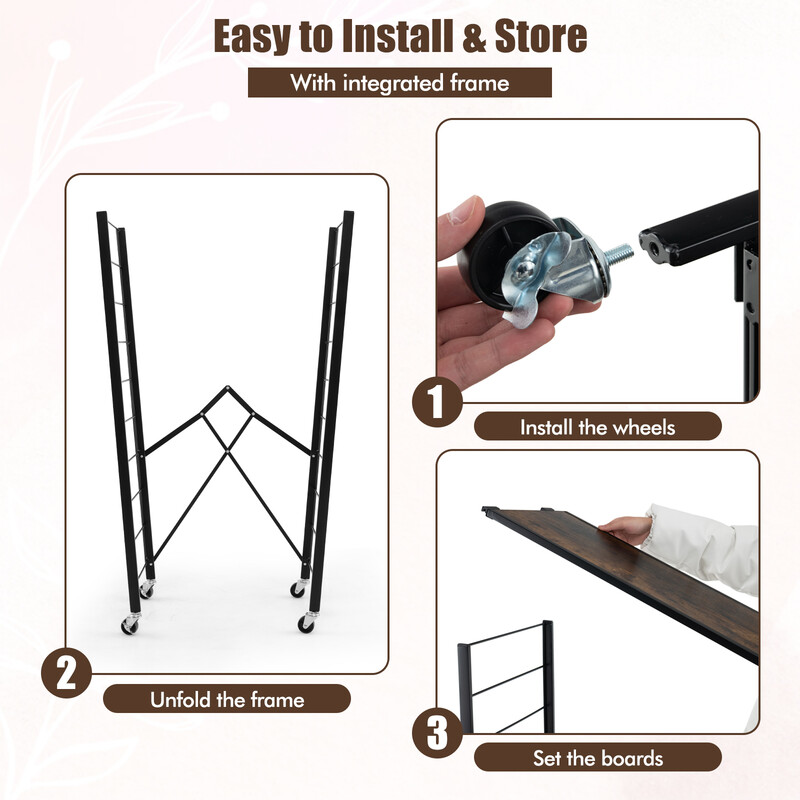 Vikbar förvaringshylla med hjul och justerbara hyllplan i rustikt brunt och svart